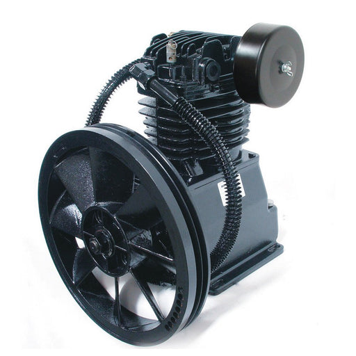 Side angle view of the Schulz Max MSL 30 two stage cast iron compressor pump showing its industrial construction