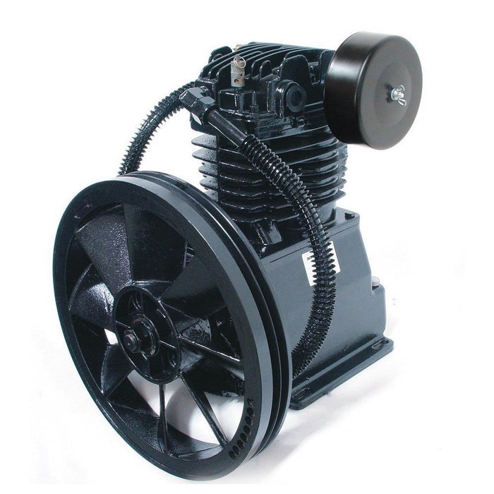 Side angle view of the Schulz Max MSL 30 two stage cast iron compressor pump showing its industrial construction