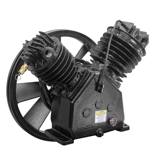 Schulz Max MSV 20 cast iron V-twin compressor pump shown from the side, highlighting its dual cylinder heads, flywheel, and slotted mounting feet