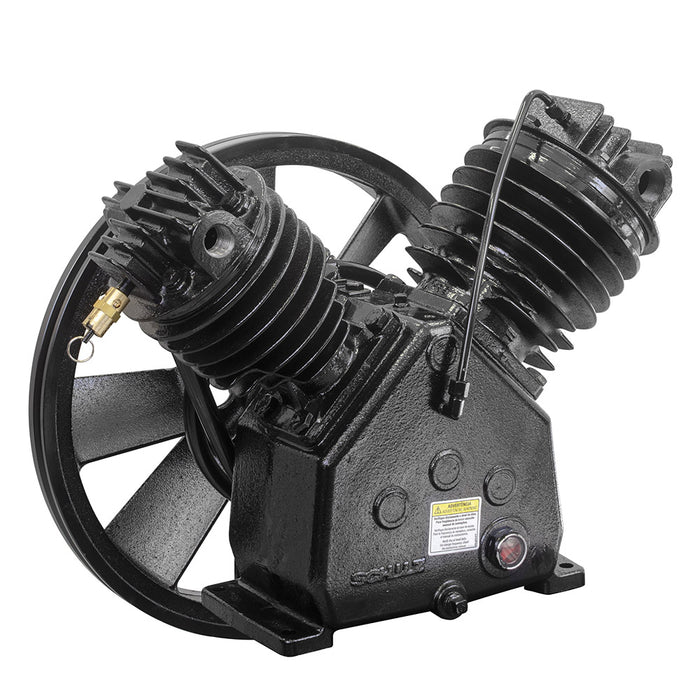 Schulz Max MSV 20 cast iron V-twin compressor pump shown from the side, highlighting its dual cylinder heads, flywheel, and slotted mounting feet