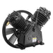 Schulz Max MSV 20 cast iron V-twin compressor pump shown from the side, highlighting its dual cylinder heads, flywheel, and slotted mounting feet