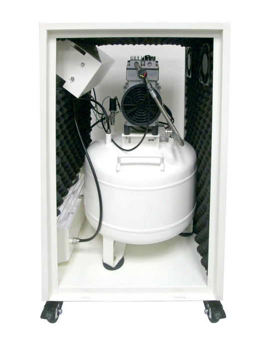 Internal view of California Air Tools oil-free air compressor showing motor, tank, and acoustic foam insulation