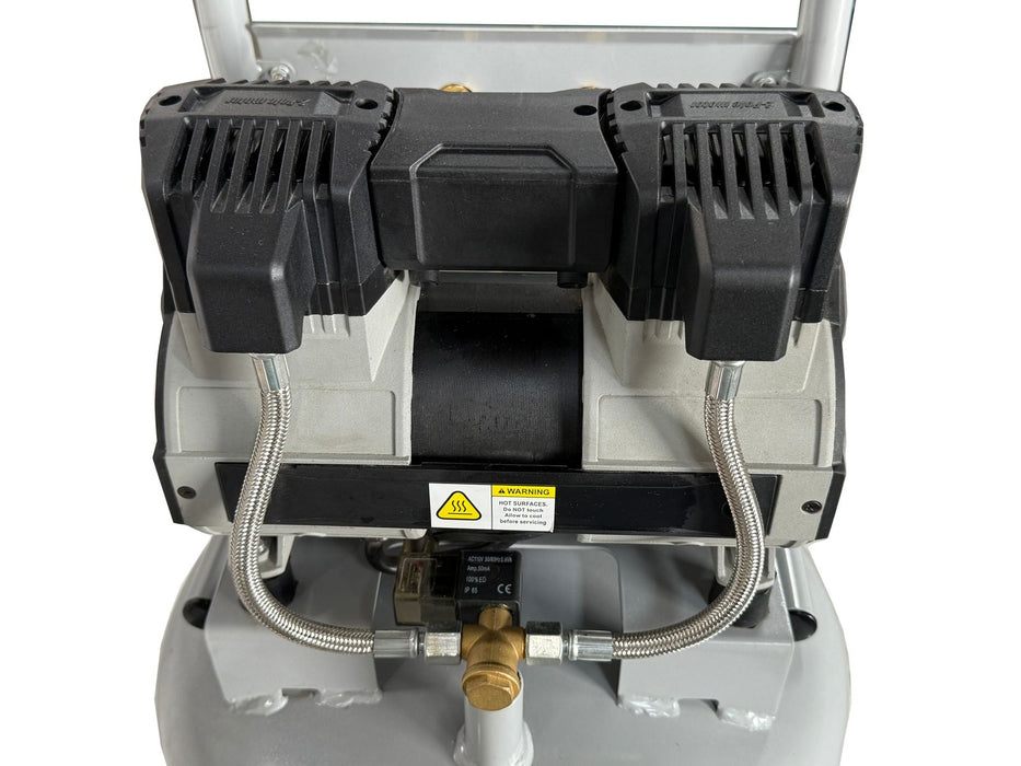 Close-up of oil-free dual piston pump system on California Air Tools ultra quiet air compressor