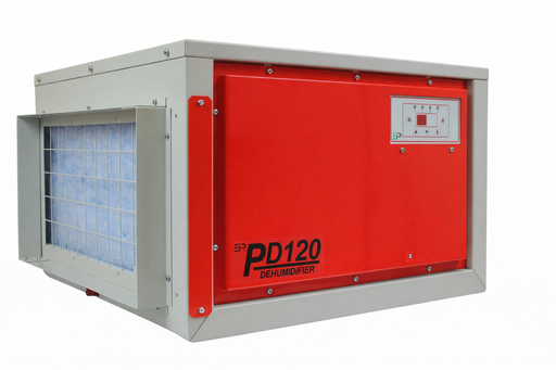 Rear angled view of PD120-D dehumidifier highlighting digital control panel and air intake filter.