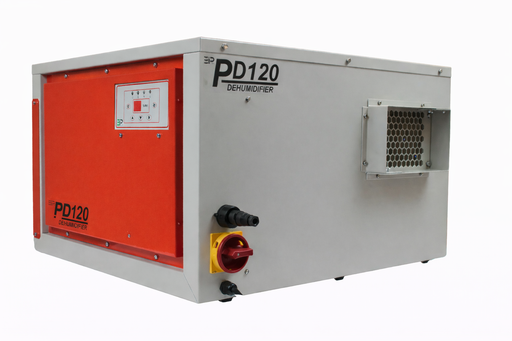 Angled exterior view of the PD120-D dehumidifier with control panel, power switch, and airflow vent.