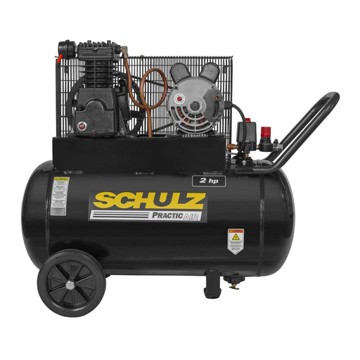 Horizontal Tank style of Schulz oil-lubricated piston air compressor showing 24 gallon tank, wheels, and 2 HP motor