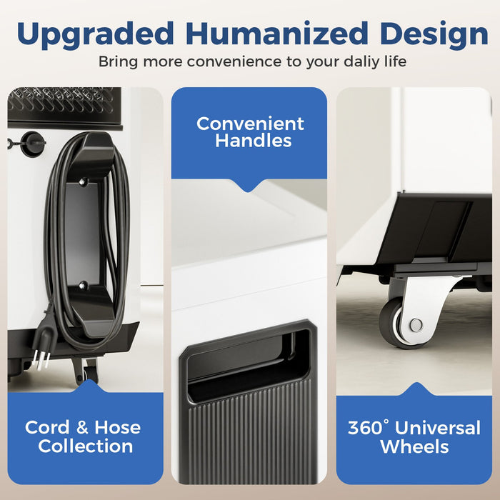 AlorAir Sentinel Pro55X upgraded humanized design showing cord and hose collection, convenient handles, and 360 degree universal wheels