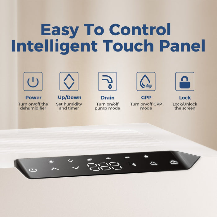 AlorAir Sentinel Pro55X intelligent touch panel showing Power, Up/Down, Drain, GPP, and Lock button functions