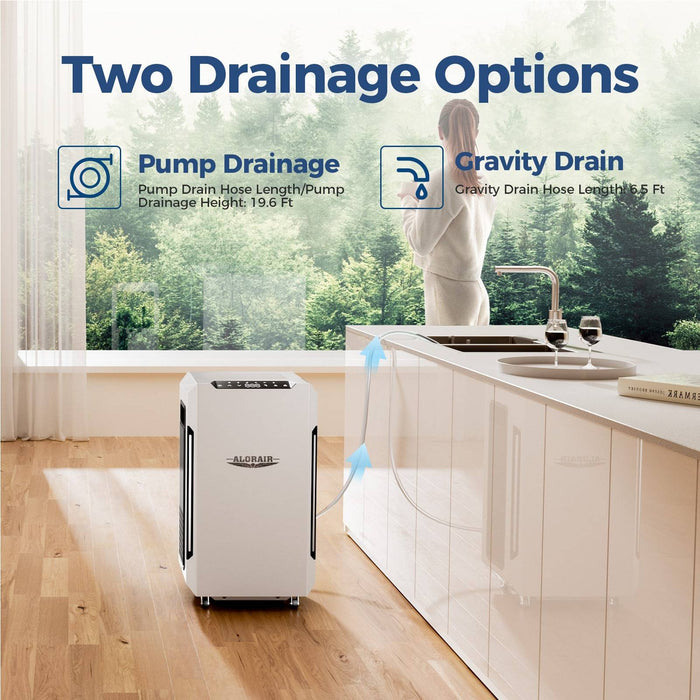 AlorAir Sentinel Pro55X two drainage options: pump drainage with 19.6 ft hose and height, and gravity drain with 6.5 ft hose, shown in a kitchen