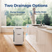 AlorAir Sentinel Pro55X two drainage options: pump drainage with 19.6 ft hose and height, and gravity drain with 6.5 ft hose, shown in a kitchen