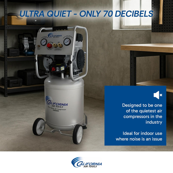 Air compressor used in garage and shop environment highlighting low noise operation and compact design