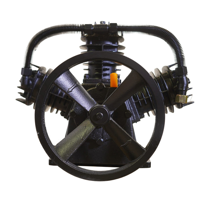 Front view of splash lubricated reciprocating bare compressor pump with dual cylinder design and heavy duty cooling fins for high airflow performance