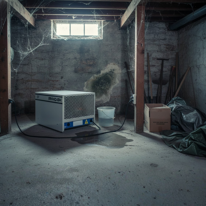 EBac RM40SH industrial dehumidifier operating in a basement to control humidity and moisture buildup