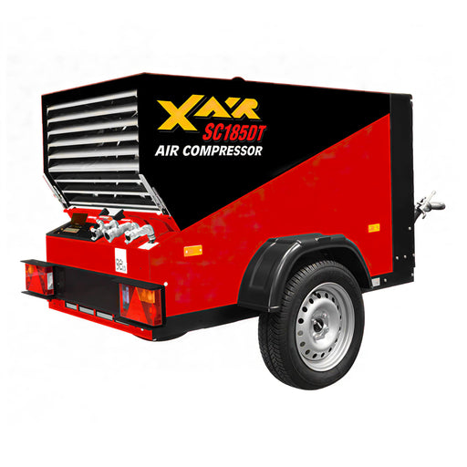 Rear angle view of towable Con X Air SC185DT air compressor trailer with ventilation panel, wheels, and hitch.