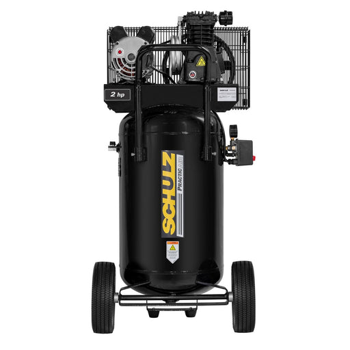 Front view of Schulz of America portable oil-lubricated piston air compressor with 2 HP motor and 24 gallon steel tank in vertical tank style