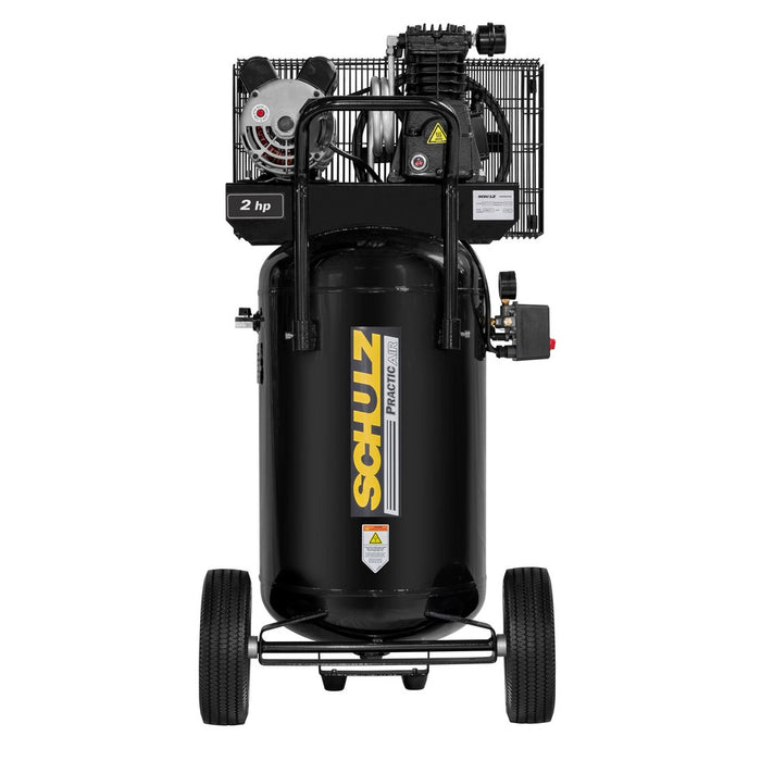 Front view of Schulz of America portable oil-lubricated piston air compressor with 2 HP motor and 24 gallon steel tank in vertical tank style
