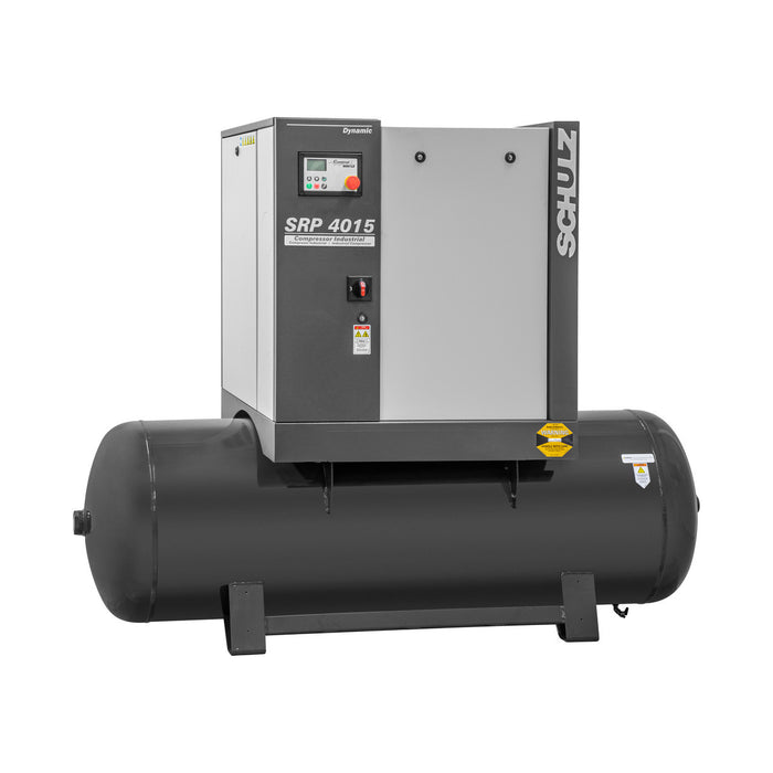 Schulz SRP 4015 dynamic rotary screw air compressor mounted on horizontal air tank