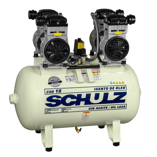 Schulz CSD18 tank mounted oil-less air compressor with single stage piston and dual fan motors