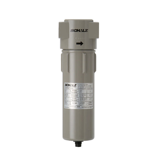 Front view of Schulz FS 0050 low pressure line coalescing filter with housing, flow direction arrow, and product label