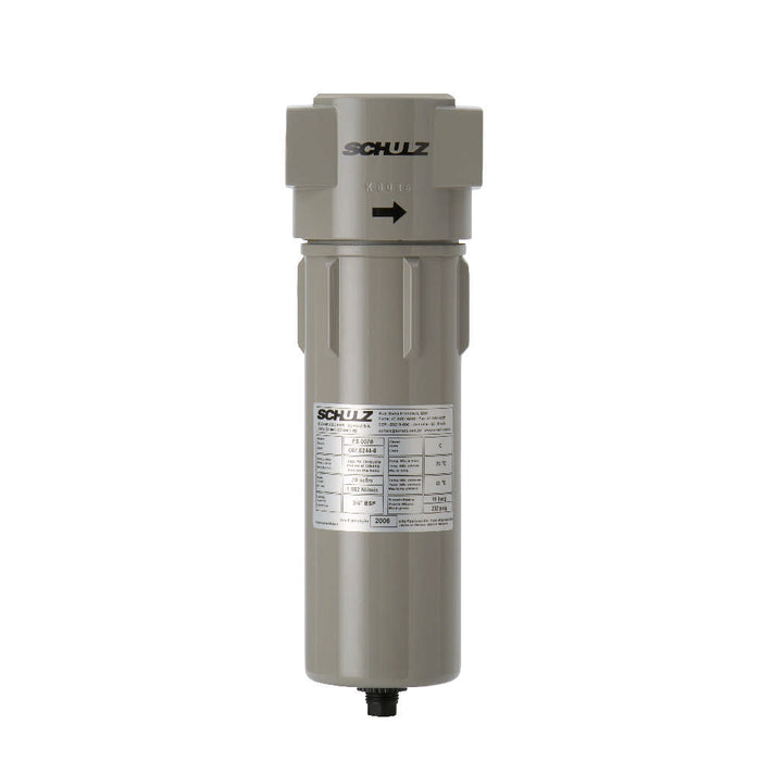 Front view of Schulz FS 0050 low pressure line coalescing filter with housing, flow direction arrow, and product label