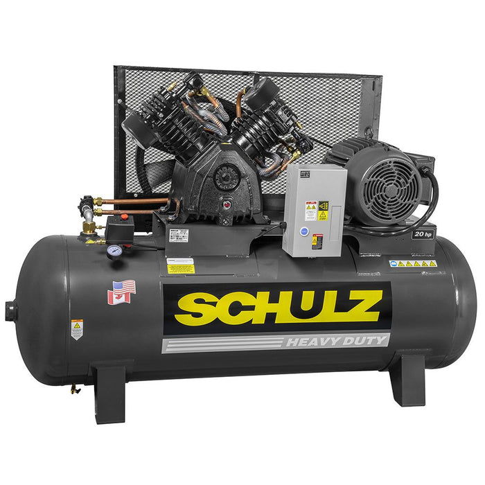 Schulz L Series two stage heavy duty air compressor with 20 HP motor and large horizontal tank