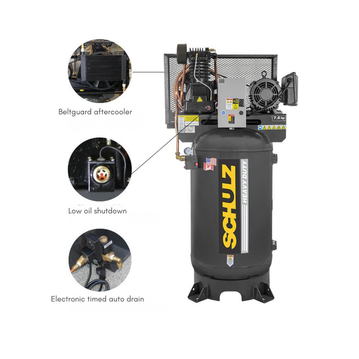 7.5 HP Schulz Premium Series two stage air compressor with vertical tank and low oil shutdown