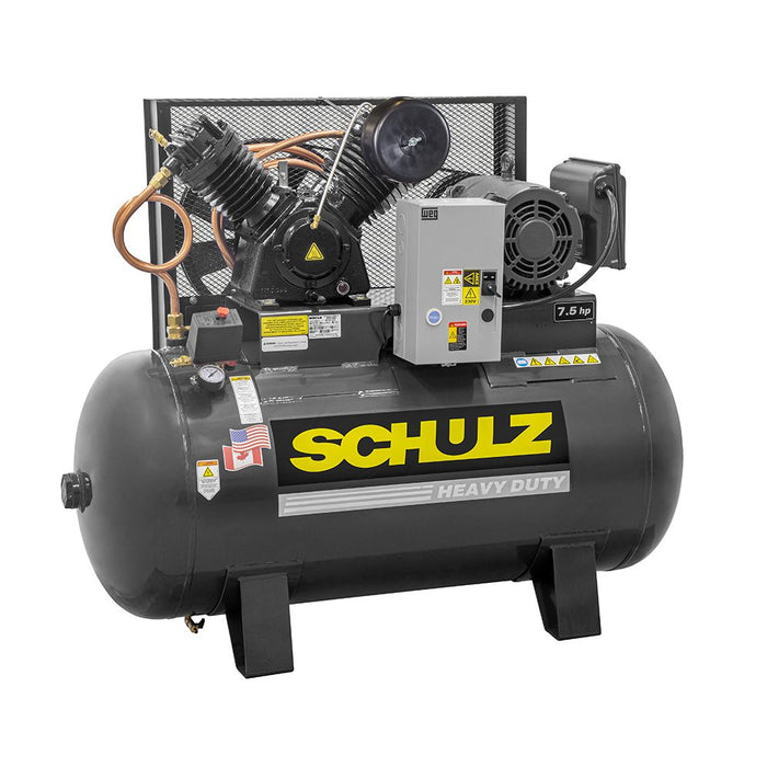 Schulz heavy duty two stage air compressor with horizontal tank, 7.5 HP electric motor, and high output piston pump.