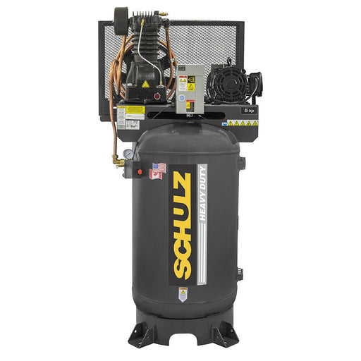 Heavy duty Schulz two stage air compressor with 5 HP motor and vertical tank for continuous operation