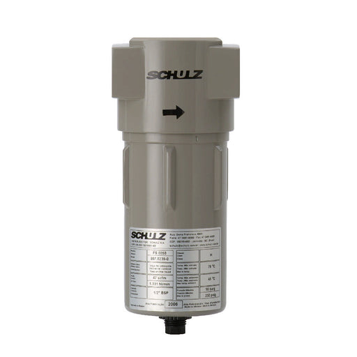 Specifications table for Schulz low pressure line coalescing filters showing models, pressure, connection size, and airflow ratings