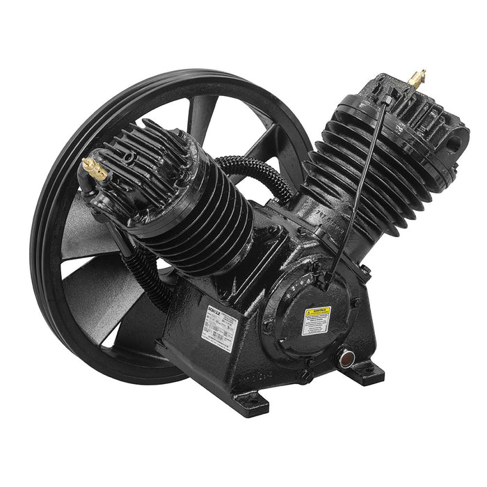 Dual V-twin cylinders, large intake silencer, and heavy cast iron block on the 37.5 CFM two-stage compressor pump, the Schulz Max MSV 40