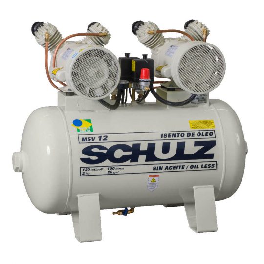 Horizontal Schulz MSV12 oil-less air compressor with tank mounted single stage piston system