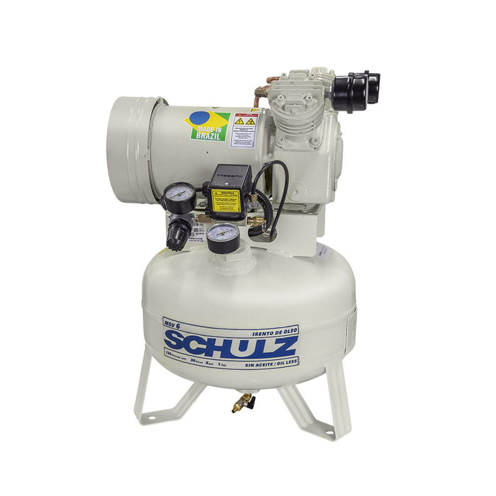 Schulz MSV6 oil-less single stage air compressor mounted on tank with regulator and gauges