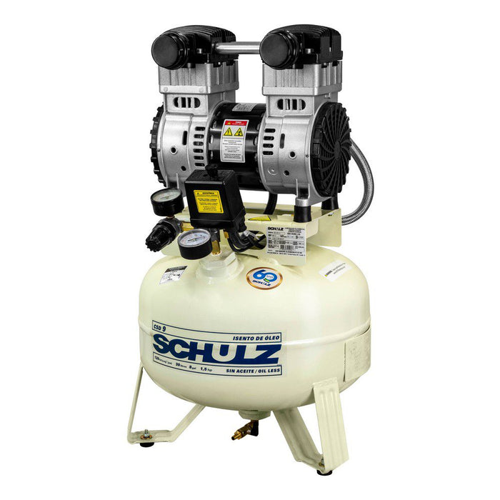 Schulz tank mounted single stage oil-less air compressor with dual motor design and pressure gauges