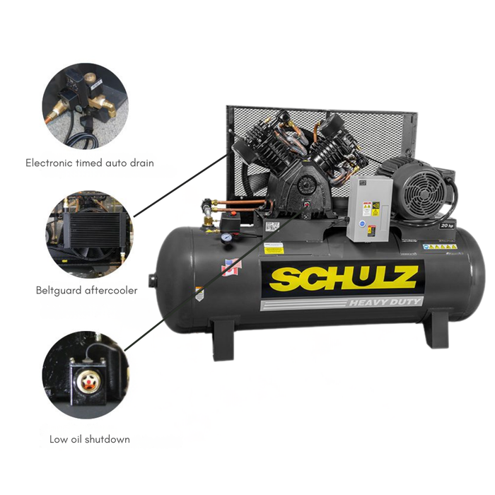 Schulz Premium Series 20 HP two stage industrial air compressor with low oil shutdown protection