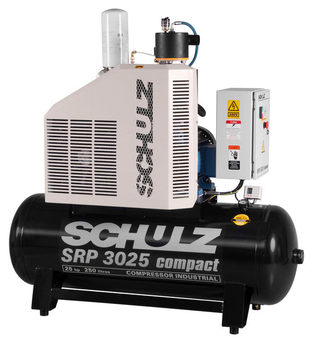 Schulz SRP 3025 compact rotary screw air compressor with 25 HP motor and 250 liter air tank