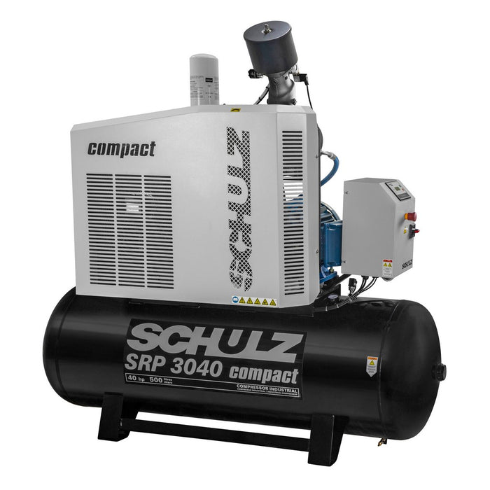 Front view of Schulz SRP 3040 compact rotary screw air compressor with enclosed cabinet and air tank