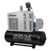 Front view of Schulz SRP 3040 compact rotary screw air compressor with enclosed cabinet and air tank
