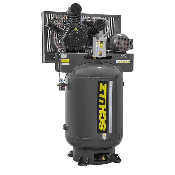 Schulz V Series two stage heavy duty air compressor with vertical steel tank, 10 HP motor, and industrial-grade components.