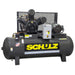Schulz V Series two stage heavy duty air compressor with horizontal steel tank, 15 HP motor, industrial piston pump, and control panel.