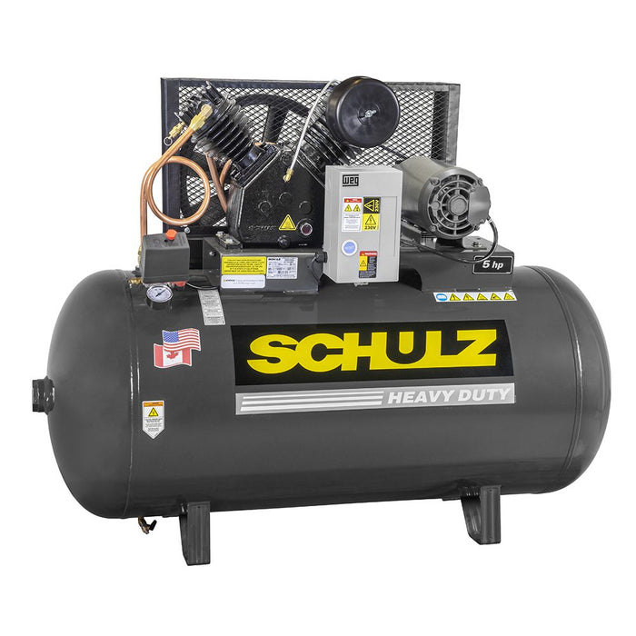 Schulz Compressor V Series two stage heavy duty air compressor with horizontal steel tank, industrial piston pump, and 5 HP motor.