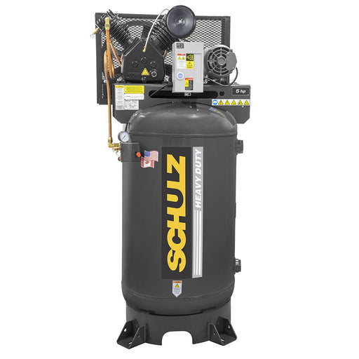 Schulz V Series two stage heavy duty air compressor with vertical steel tank, 5 HP motor, industrial piston pump, and mounted control panel.