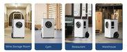 AlorAir Sentinel Elite dehumidifier shown in four applications: wine storage room, gym, restaurant, and warehouse