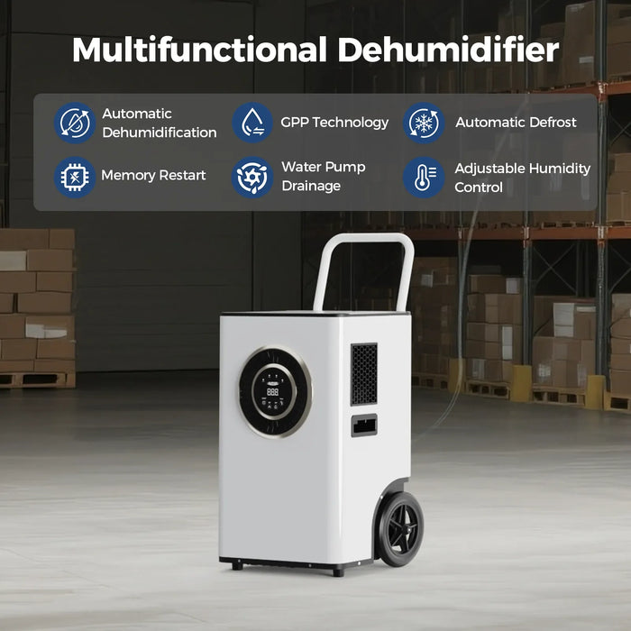 AlorAir Sentinel Elite multifunctional dehumidifier feature icons: automatic dehumidification, GPP technology, automatic defrost, memory restart, water pump drainage, and adjustable humidity control