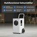 AlorAir Sentinel Elite multifunctional dehumidifier feature icons: automatic dehumidification, GPP technology, automatic defrost, memory restart, water pump drainage, and adjustable humidity control
