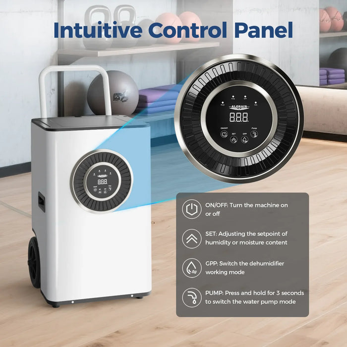 AlorAir Sentinel Elite dehumidifier intuitive control panel close-up showing ON/OFF, SET, GPP, and PUMP buttons, shown in a gym setting