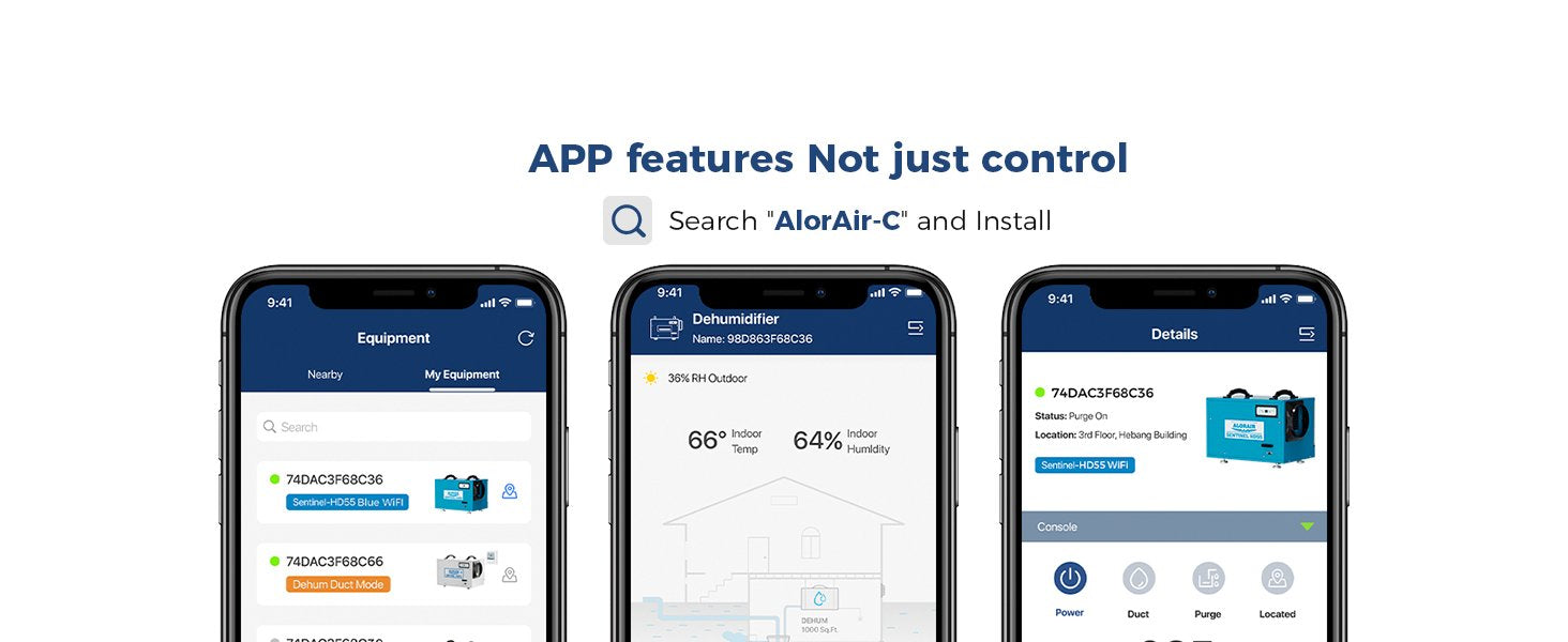 AlorAir-C app screenshots showing multiple connected AlorAir Sentinel HD55 WiFi dehumidifiers