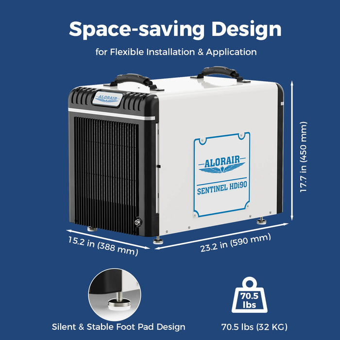 AlorAir Sentinel HDi90 dimension diagram showing 23.2 x 15.2 x 17.7 inch housing and 70.5 lb weight