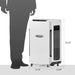 AlorAir Sentinel Pro55X dimension diagram showing 24.52 inch height, 14.13 inch depth, and 12.89 inch width compared to a person