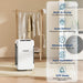 AlorAir Sentinel Pro55X feature icon summary: built-in pump, auto defrost, memory restart, auto operation, and GPP mode, shown in a laundry room