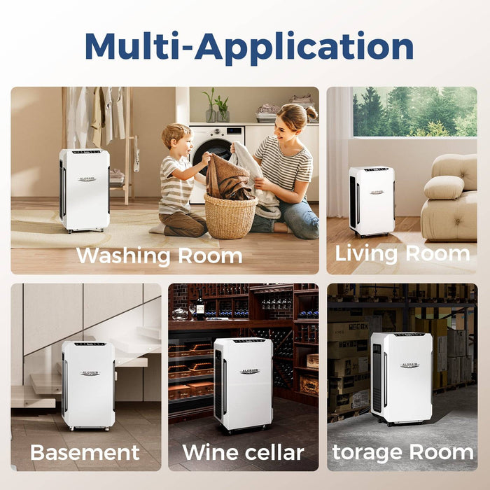 AlorAir Sentinel Pro55X multi-application graphic shown in washing room, living room, basement, wine cellar, and storage room settings